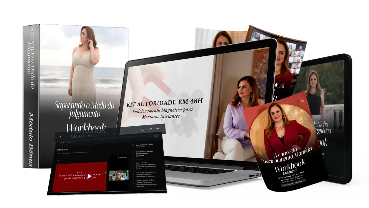 Mockup do Kit Autoridade em 48h — plataforma, workbooks e materiais